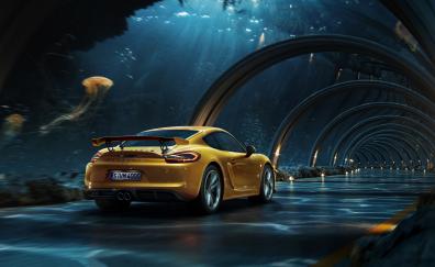 Porsche, yellow, digital photography, tunnel