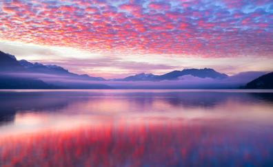 Mountains, pink clouds, reflections, lake