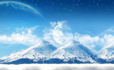 Moon, mountains, artwork, fantasy