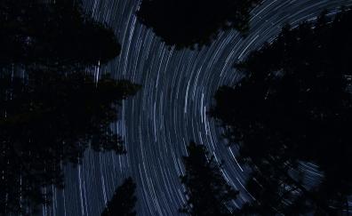 Starry sky, night, silhouette, star trails