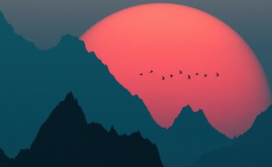 Sunset, mountains and birds, big sun, silhouette, dark