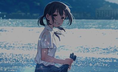 Anime girl, beautiful smile, beach, beautiful girl