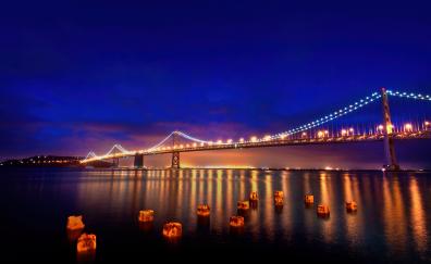 San Francisco, Oakland bay, bridge, night, reflections