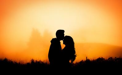Couple, hug, kiss, love, outdoor, sunset