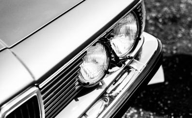 BMW, car, headlight, monochrome