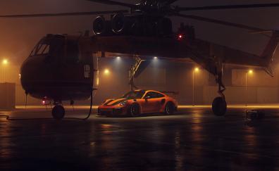Porsche 911 GT2 RS, sports car, helicopter