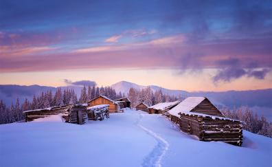 Houses, winter, landscape, sunset