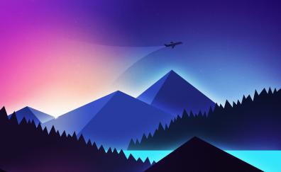 Minimalism, airplane over mountains, gradient