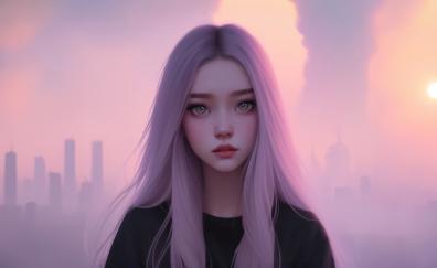 Girl in pink hair, cute teen girl art