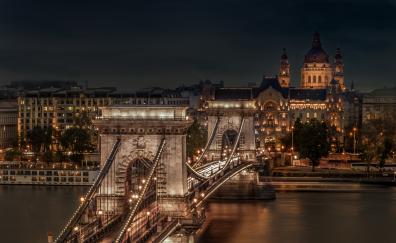 Vintage, old bridge, night, city