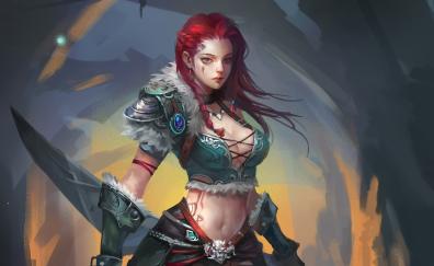 Redhead, warrior girl, fantasy, art