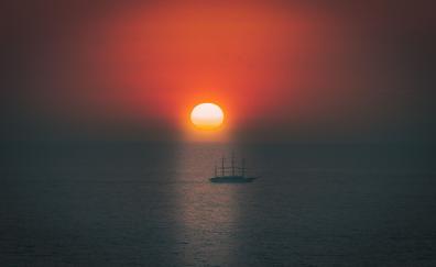 Boat, sunset, minimal, seascape
