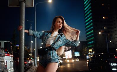Night, outdoor, beautiful, jeans outfit, woman