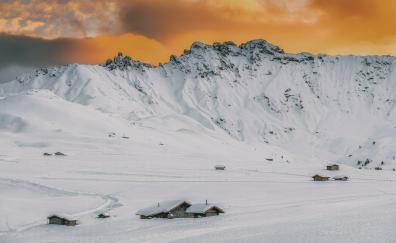 Glacier town, houses, sunset, mountains