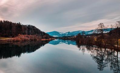 Lake, reflections, mountains, sunset, nature