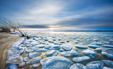 Winter, small icebergs, frozen lake, nature