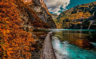 Autumn, wooden dock, lake, forest