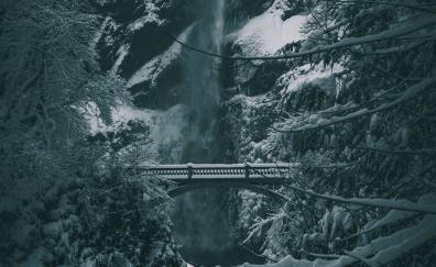 Winter, bridge, waterfall, snowfall