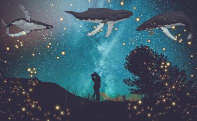 Fantasy, couple, hug, whale, fishes, digital art