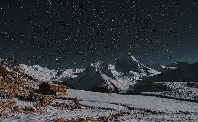 House, winter, landscape, mountains, night