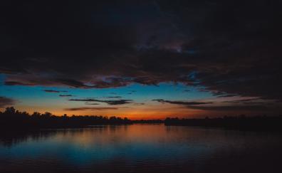 Lake, clouds, sunset, dark