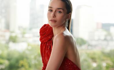 Emilia Clarke in red dress, Harpers Bazaar, 2023