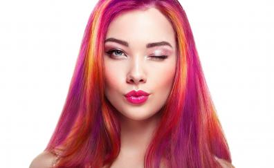 Colorful hair, wink, woman model