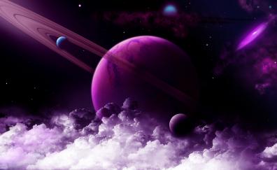 Planet ring, purple clouds, fantasy, space, art