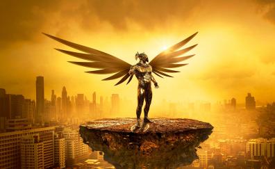 Fantasy, angel, golden, cityscape, digital art