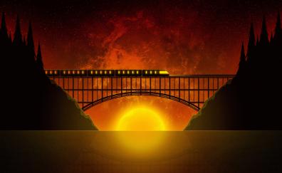 Hell train, valley, bridge, silhouette, art