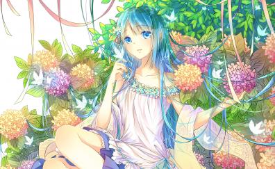 Flowers and cute anime girl, artwork, original