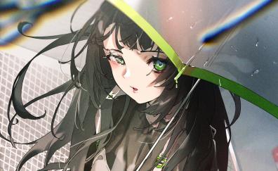 Green eyes, anime girl, beautiful, rain