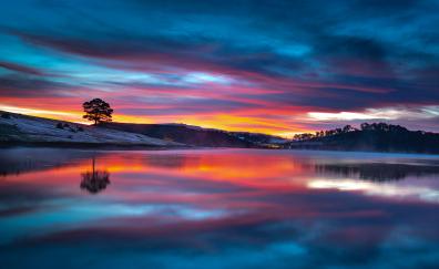 Lake, reflections, sunset, clouds, nature