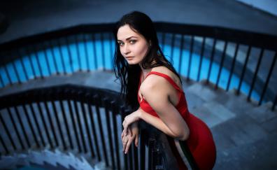 Woman in red dress, stare, dark hair