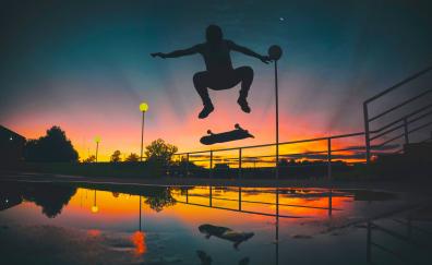 Man, skateboarding, sports, sunset, silhouette