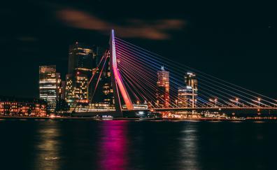 Erasmus Bridge, night, cityscape, Rotterdam, night