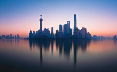 Shanghai, cityscape, buildings, reflections, sunset