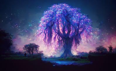 Night, violet tree, fantasy
