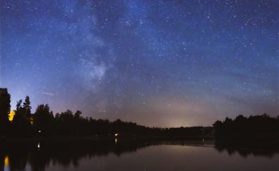 Night, lake, starry night, sky, silhouette