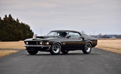 On road, 1969 Ford Mustang Boss 429, black, muscle car