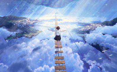 Anime girl walking on dream bridge, clouds, artwork