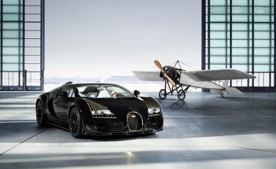 Bugatti Veyron 16.4 Grand Sport Vitesse, black bess, aircraft, 4k