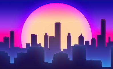 City vibes, synthwave, big moon, silhouette