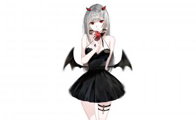 Devil, small wings, anime girl, black dress
