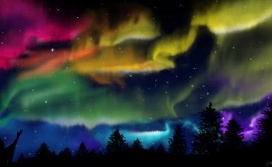 Northern Lights, forest, colorful, silhouette
