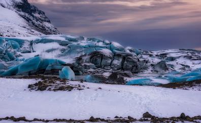 Iceland glacier, nature, blue snow, sunset
