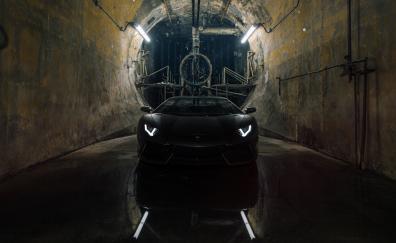 Black, Lamborghini Aventador, tunnel