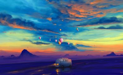 Sunset, outdoor, van and hot air balloons, artwork