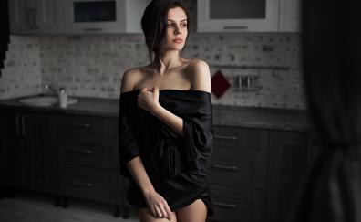 Gorgeous, woman model, black dress, indoor