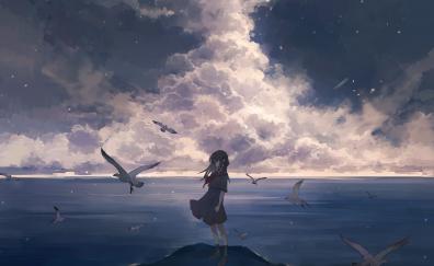 Birds and anime girl, seascape